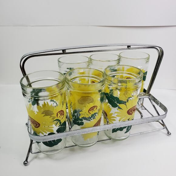 Vintage Anchor Hocking Six Sunflower Tumbler Glasses Jelly Jar Style With Rack - Picture 2 of 8